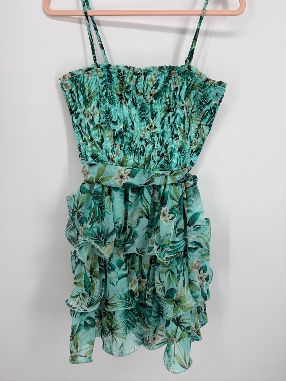 Miss Avenue Tropical Green Jungle Smocked Tiered Ruffle Mini Dress Resort Sun M